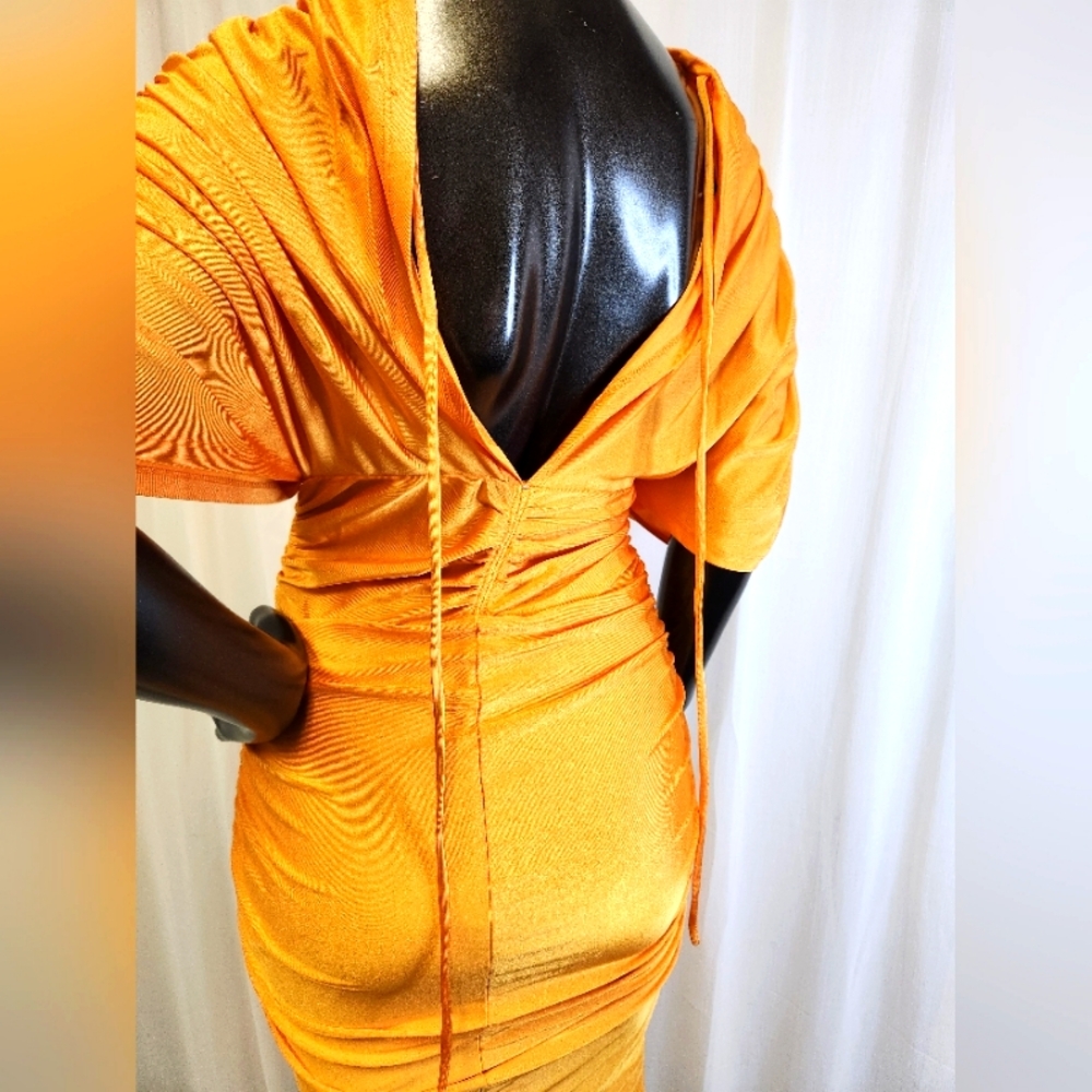 Elegant Ruched Dress In Mustard - Picture 11 of 15